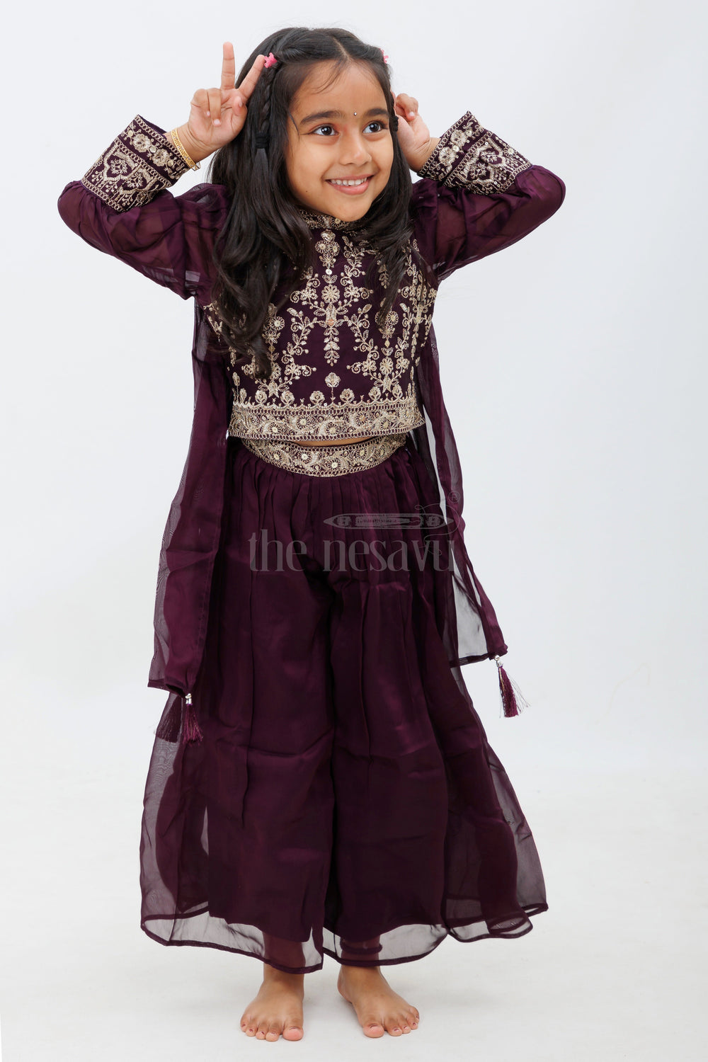 The Nesavu Girls Sharara / Plazo Set Purple Chinon Silk Sharara Set with 34 Sleeves Nesavu Purple Chinon Silk Sharara Set with 3/4 Sleeves - Nesavu