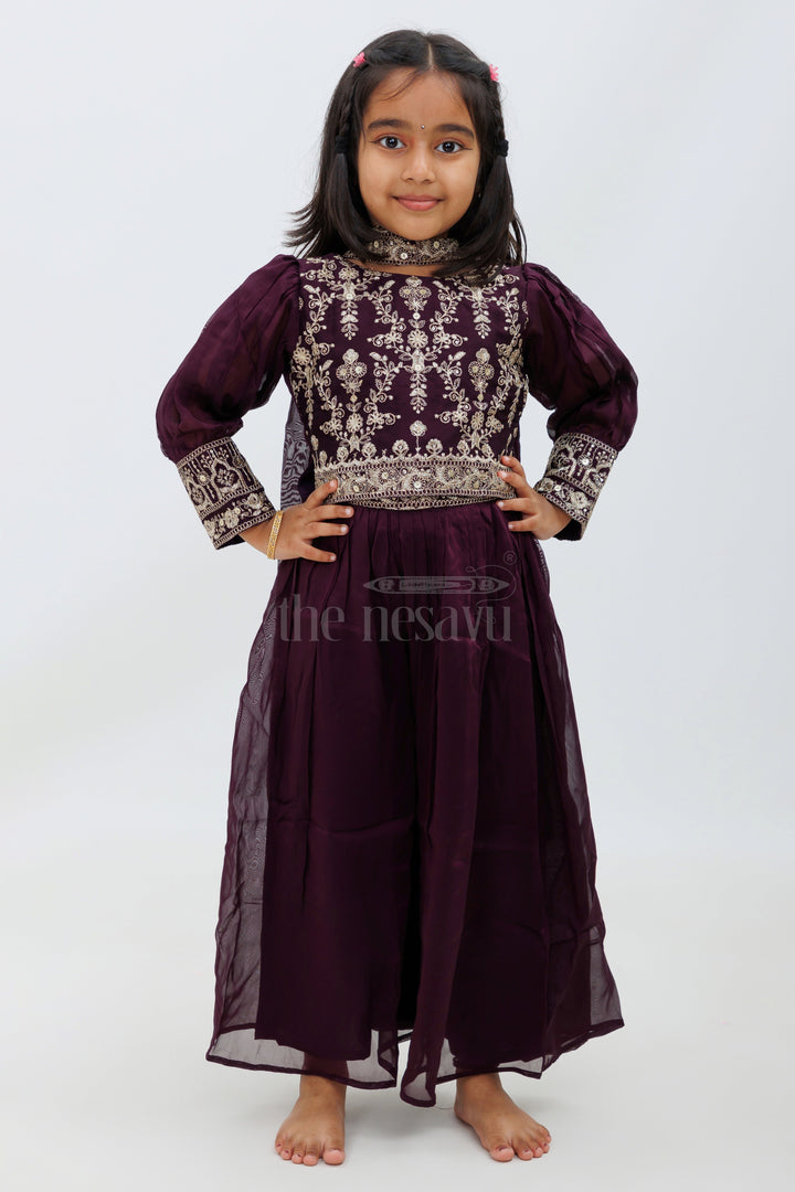 The Nesavu Girls Sharara / Plazo Set Purple Chinon Silk Sharara Set with 34 Sleeves Nesavu Purple Chinon Silk Sharara Set with 3/4 Sleeves - Nesavu