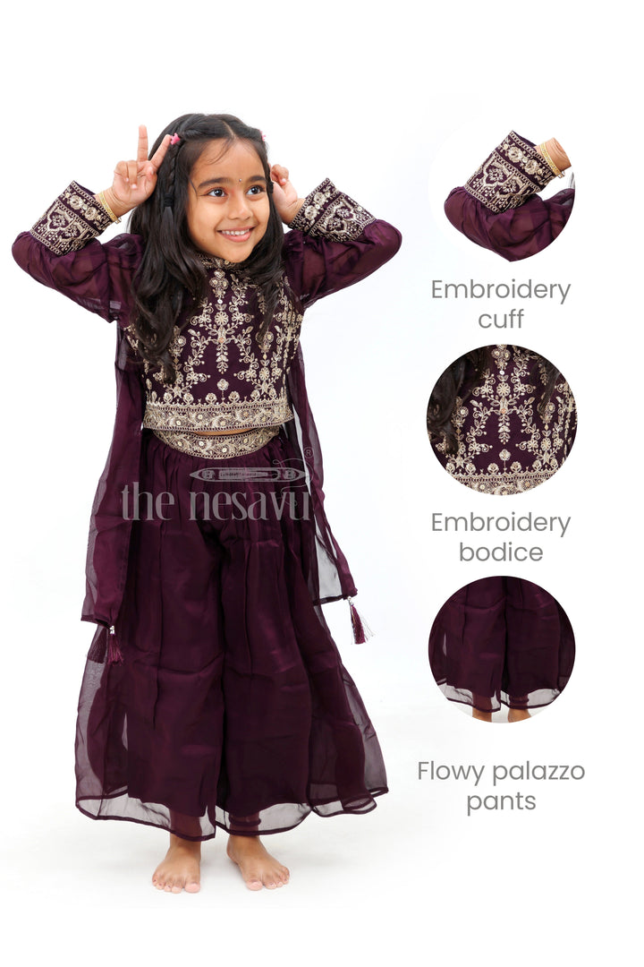 The Nesavu Girls Sharara / Plazo Set Purple Chinon Silk Sharara Set with 34 Sleeves Nesavu Purple Chinon Silk Sharara Set with 3/4 Sleeves - Nesavu