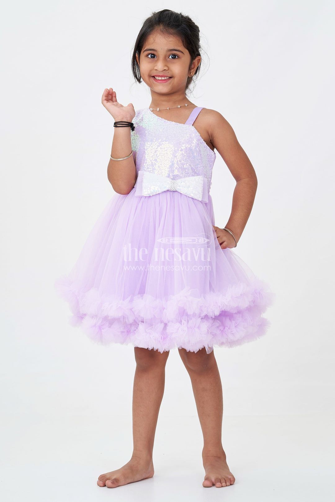 The Nesavu Girls Fancy Party Frock Purple Colour Princess Dress for Girls in Net with Glitter Bow and Shimmering Sequins Nesavu 16 (1Y) / Purple PF219A-16 Purple Colour Princess Dress Girls Sequin Bodice Ruffle Tulle Skirt | The Nesavu