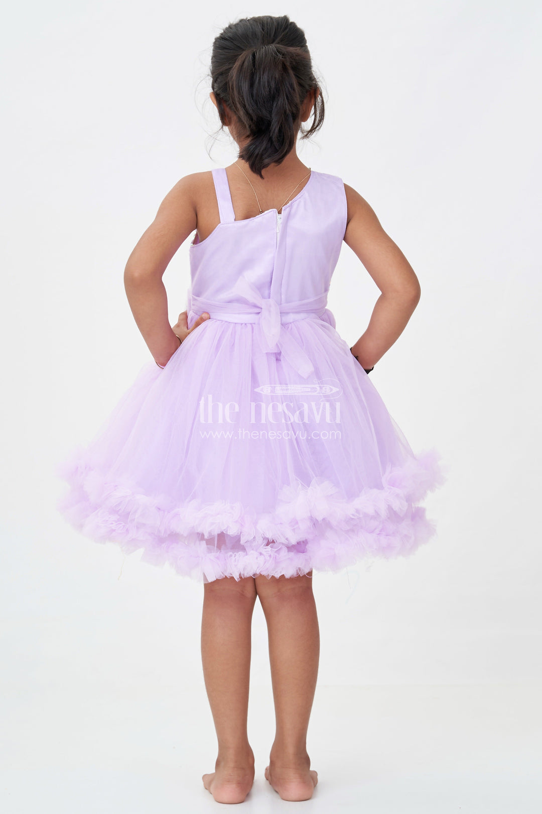 The Nesavu Girls Fancy Party Frock Purple Colour Princess Dress for Girls in Net with Glitter Bow and Shimmering Sequins Nesavu Purple Colour Princess Dress Girls Sequin Bodice Ruffle Tulle Skirt | The Nesavu