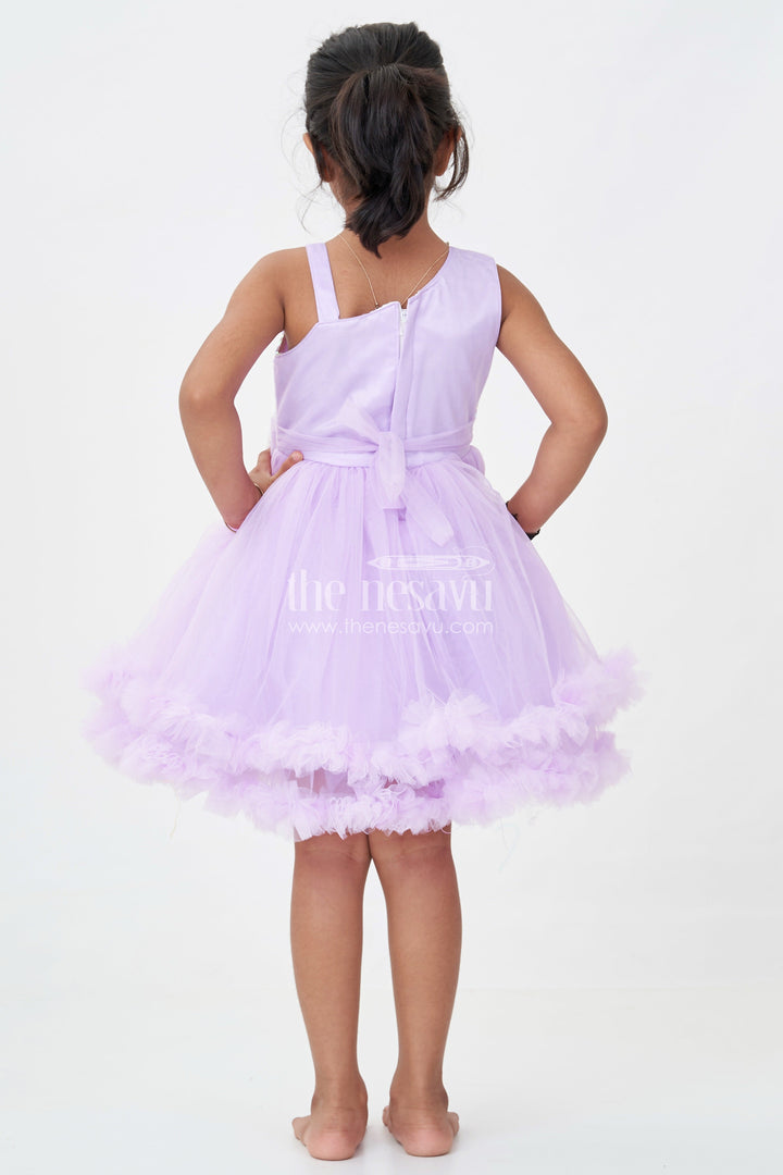The Nesavu Girls Fancy Party Frock Purple Colour Princess Dress for Girls in Net with Glitter Bow and Shimmering Sequins Nesavu Purple Colour Princess Dress Girls Sequin Bodice Ruffle Tulle Skirt | The Nesavu
