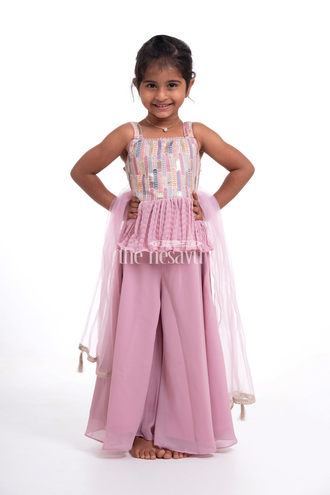 The Nesavu Girls Sharara / Plazo Set Purple Crop Top with Plazzo Set for Girls - Designer Embroidered Peplum Blouse & Crush Pleated Pants Nesavu 14 (6M) / Purple GPS329B-14 Purple Crop Top with Plazzo Set for Girls - Embroidered Peplum Blouse & Plazzo Pants