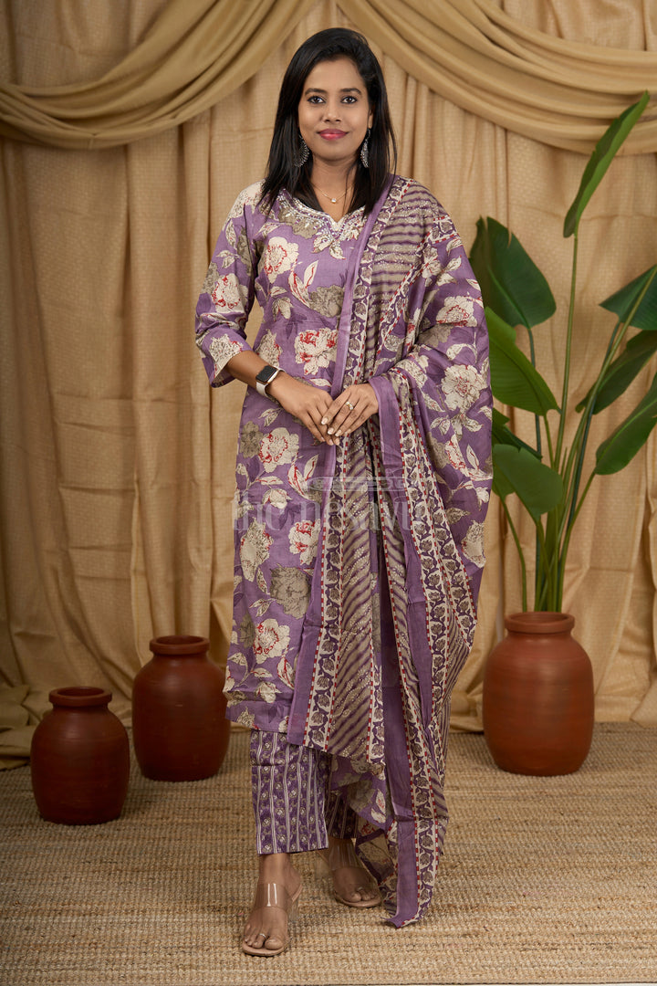 The Nesavu Womens Straight Suit Sets Purple Floral Cotton Women's Straight Kurta Set with Striped Pants and Dupatta Nesavu 36 (S) / Purple WTH045A-36 Nesavu Lavender Floral Cotton Kurta Set Matching Dupatta Women