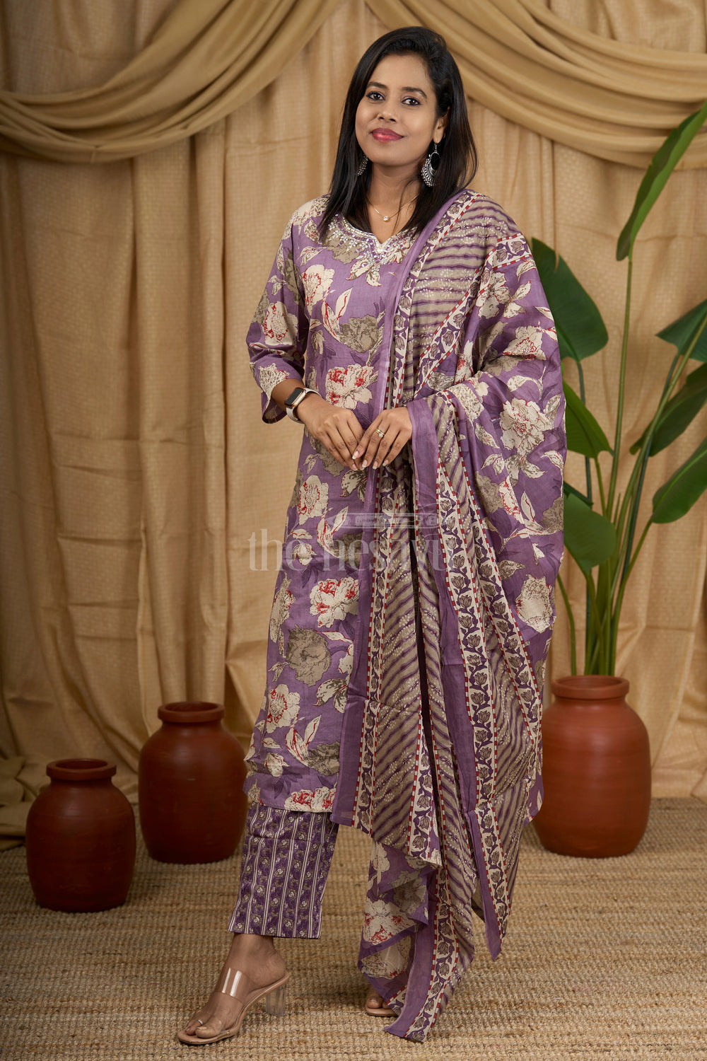 The Nesavu Womens Straight Suit Sets Purple Floral Cotton Women's Straight Kurta Set with Striped Pants and Dupatta Nesavu Nesavu Lavender Floral Cotton Kurta Set Matching Dupatta Women