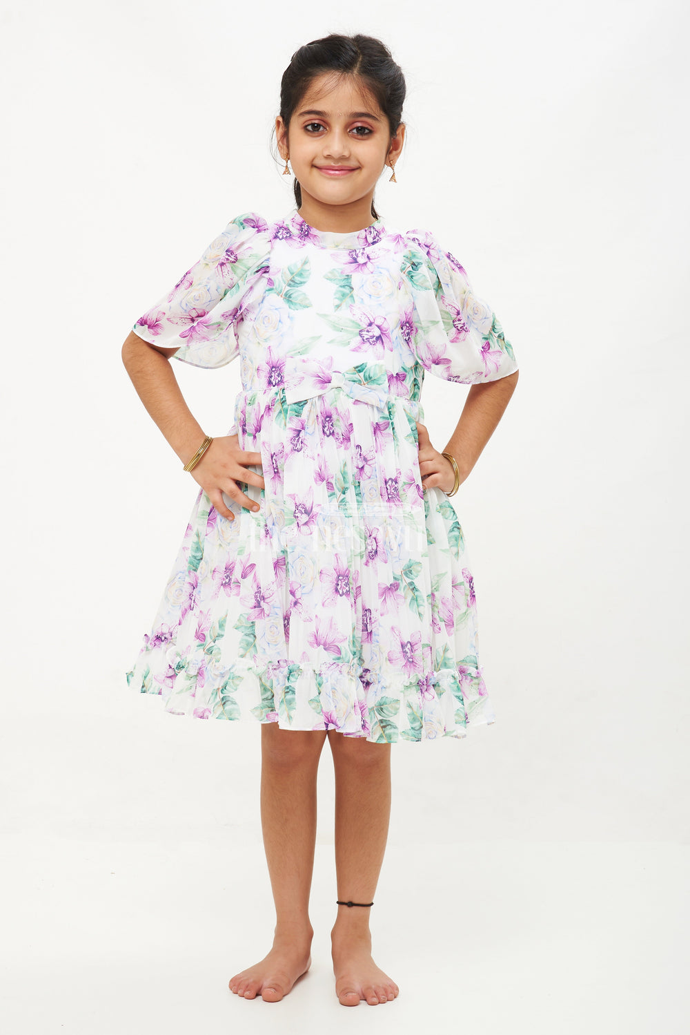 The Nesavu Girls Fancy Frock Purple Floral Georgette Printed Frock with Pleated Skirt and Puff Sleeves for Girls Nesavu