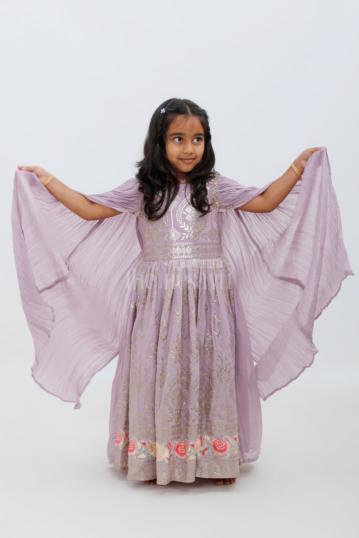 The Nesavu Girls Party Gown Purple Georgette Embroidered Gown with Floral Hemline and Bishop Sleeves Nesavu 20 (3Y) / Purple GA238B-20 Purple Georgette Embroidered Gown with Floral Hemline - Nesavu