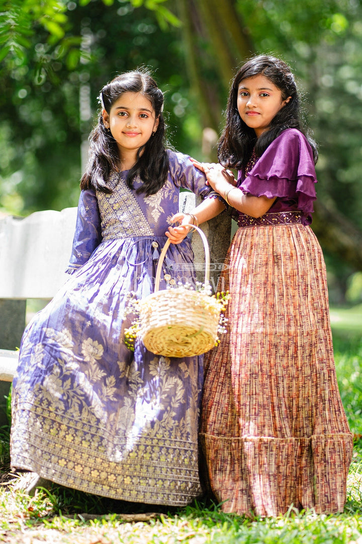 The Nesavu Girls Party Gown Purple Girls Party Gown with Pleated Skirt and Embroidered Bodice for Formal Events Nesavu Nesavu Purple Girls Party Gown Embroidered Bodice Gold Pleated Skirt Formal Occasions