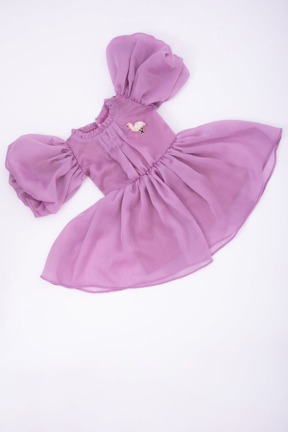 The Nesavu Girls Fancy Party Frock Purple Glaze Organza Frock with Balloon Sleeves and Flamingo Embroidery Nesavu Purple Glaze Organza Frock with Balloon Sleeves and Flamingo Embroidery