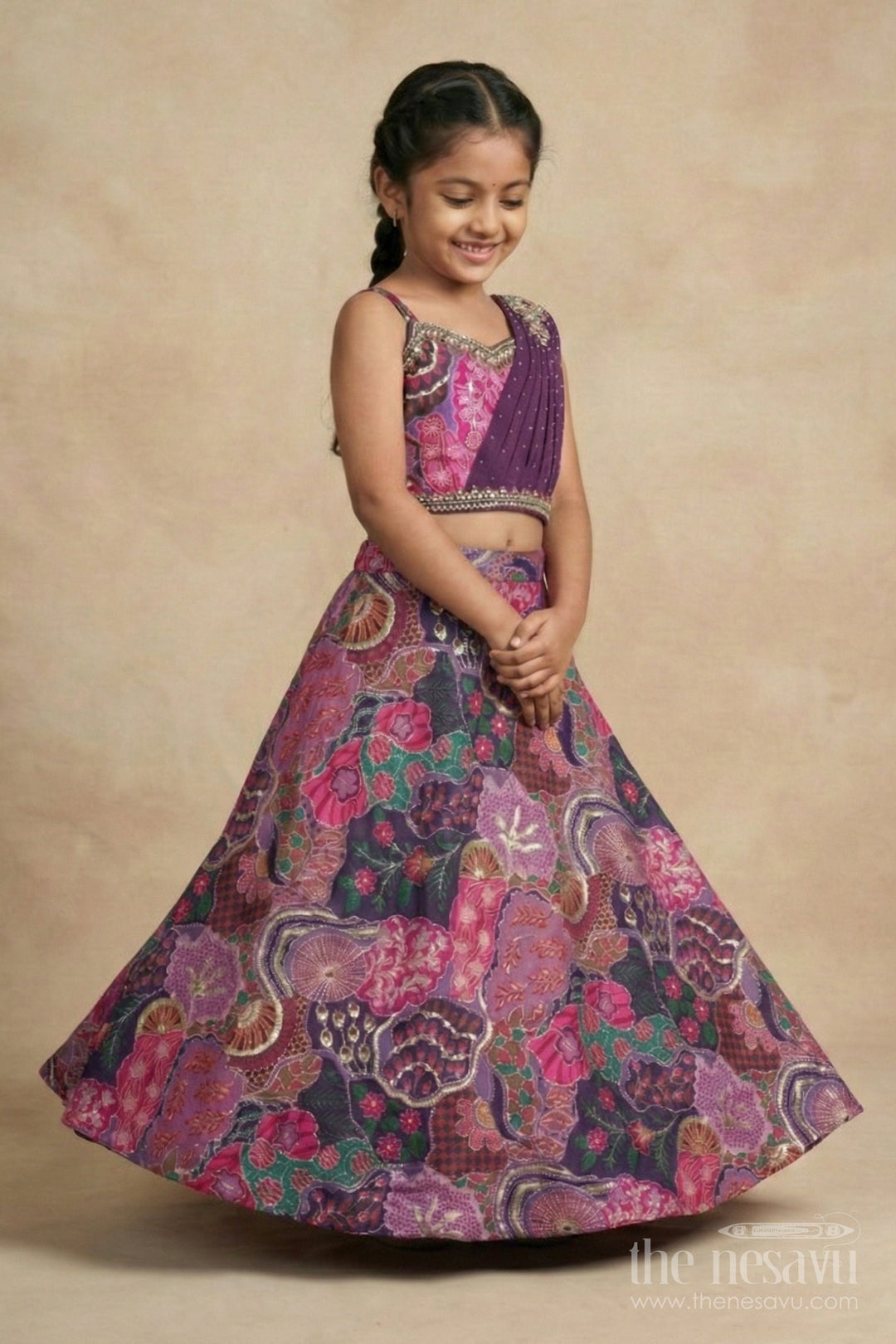 The Nesavu Girls Fancy Lehenga Purple Lehenga for Baby Girls with Designer Yoke for Weddings and Parties Nesavu Nesavu purple baby girl lehenga with digital print and designer yoke – perfect for weddings and festive events