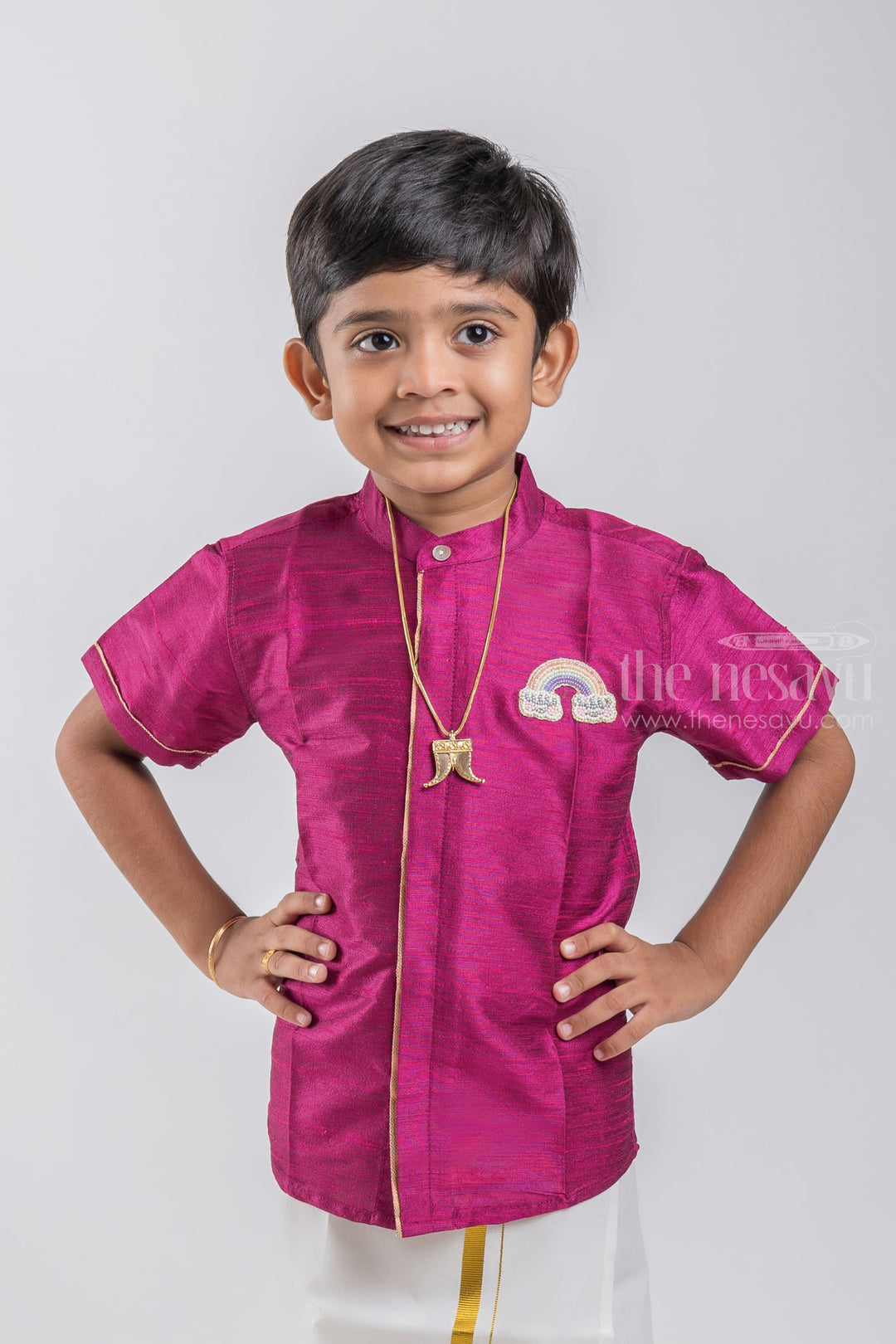 The Nesavu Boys Silk Shirt Purple Magic Little Maharaja Boys Pattu Shirt With Rainbow Embroidery psr silks Nesavu 14 (6M) / Purple BS029B
