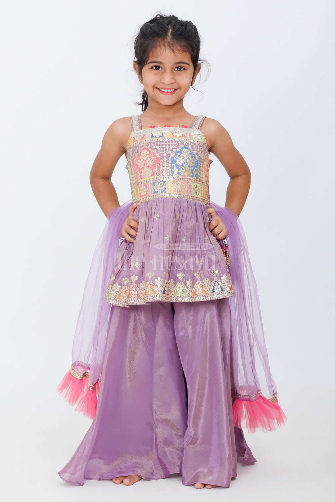 The Nesavu Girls Sharara / Plazo Set Purple Pure Viscose Tissue Girls Peplum Sharara Set with Mirror Embellishments and Dupatta Nesavu 16 (1Y) / Purple GPS444A-16 Nesavu Purple Peplum Sharara Set Girls Mirror Embellishments Dupatta