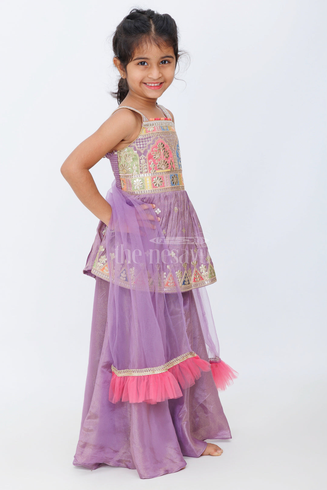 The Nesavu Girls Sharara / Plazo Set Purple Pure Viscose Tissue Girls Peplum Sharara Set with Mirror Embellishments and Dupatta Nesavu Nesavu Purple Peplum Sharara Set Girls Mirror Embellishments Dupatta