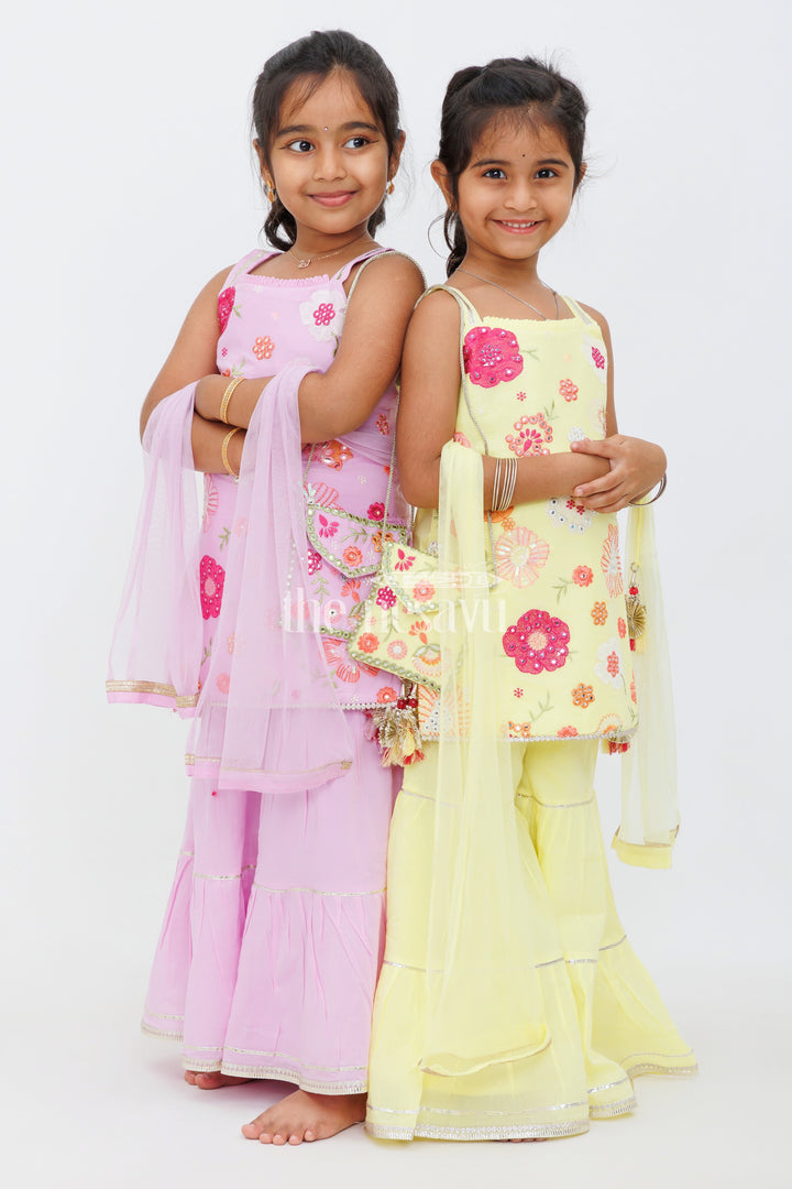 The Nesavu Girls Sharara / Plazo Set Purple Sharara Set with Floral Thread Embroidery and Gota Patti Highlights for Girls Nesavu Purple Sharara Set with Floral Thread Embroidery and Gota Patti Highlights for Girls Nesavu