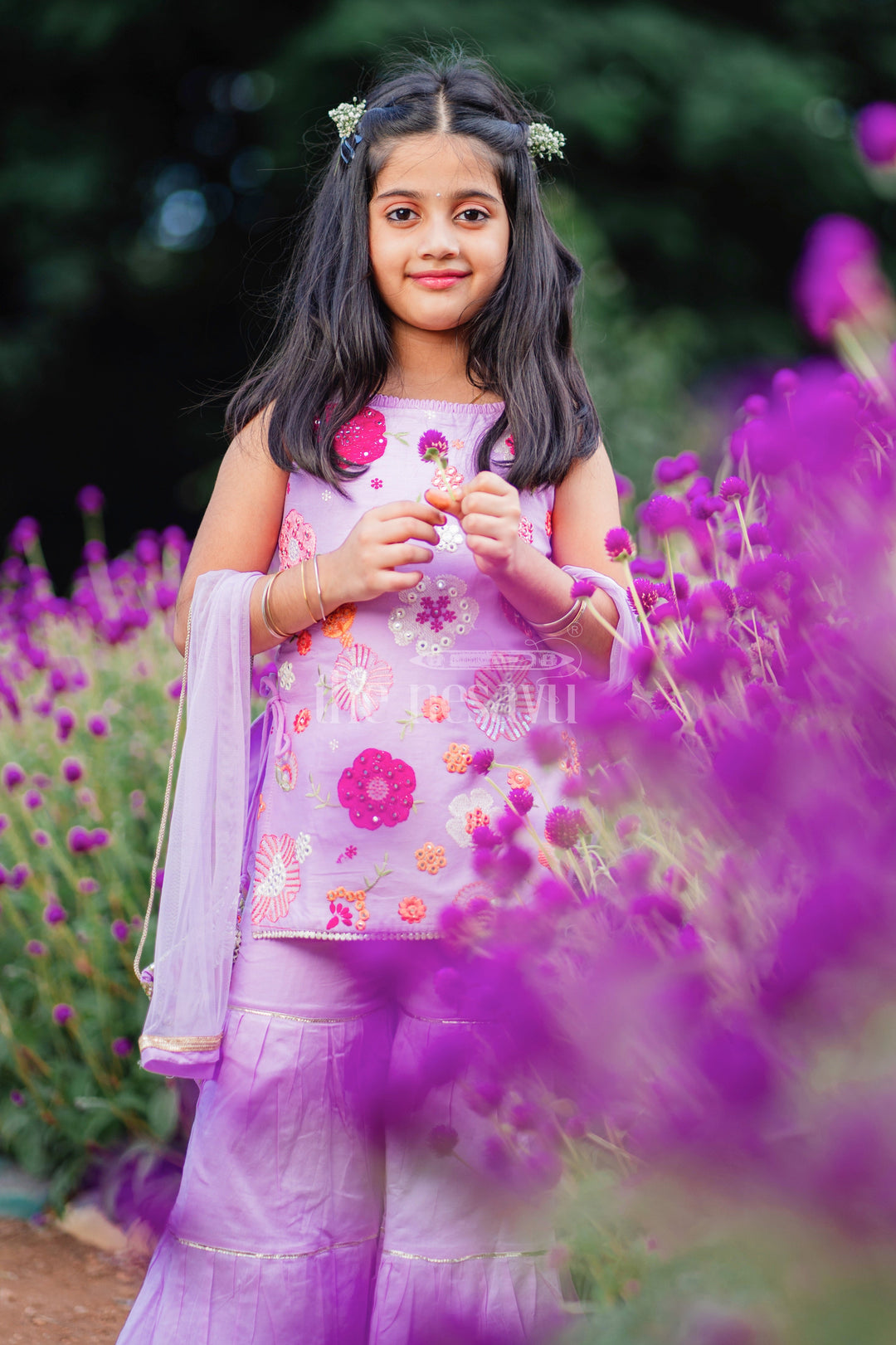 The Nesavu Girls Sharara / Plazo Set Purple Sharara Set with Floral Thread Embroidery and Gota Patti Highlights for Girls Nesavu Purple Sharara Set with Floral Thread Embroidery and Gota Patti Highlights for Girls Nesavu