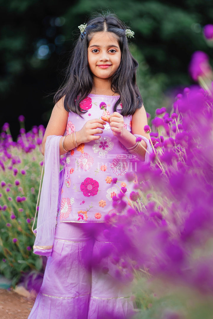 The Nesavu Girls Sharara / Plazo Set Purple Sharara Set with Floral Thread Embroidery and Gota Patti Highlights for Girls Nesavu Purple Sharara Set with Floral Thread Embroidery and Gota Patti Highlights for Girls Nesavu