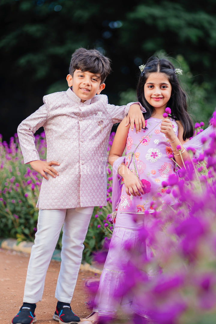 The Nesavu Girls Sharara / Plazo Set Purple Sharara Set with Floral Thread Embroidery and Gota Patti Highlights for Girls Nesavu Purple Sharara Set with Floral Thread Embroidery and Gota Patti Highlights for Girls Nesavu