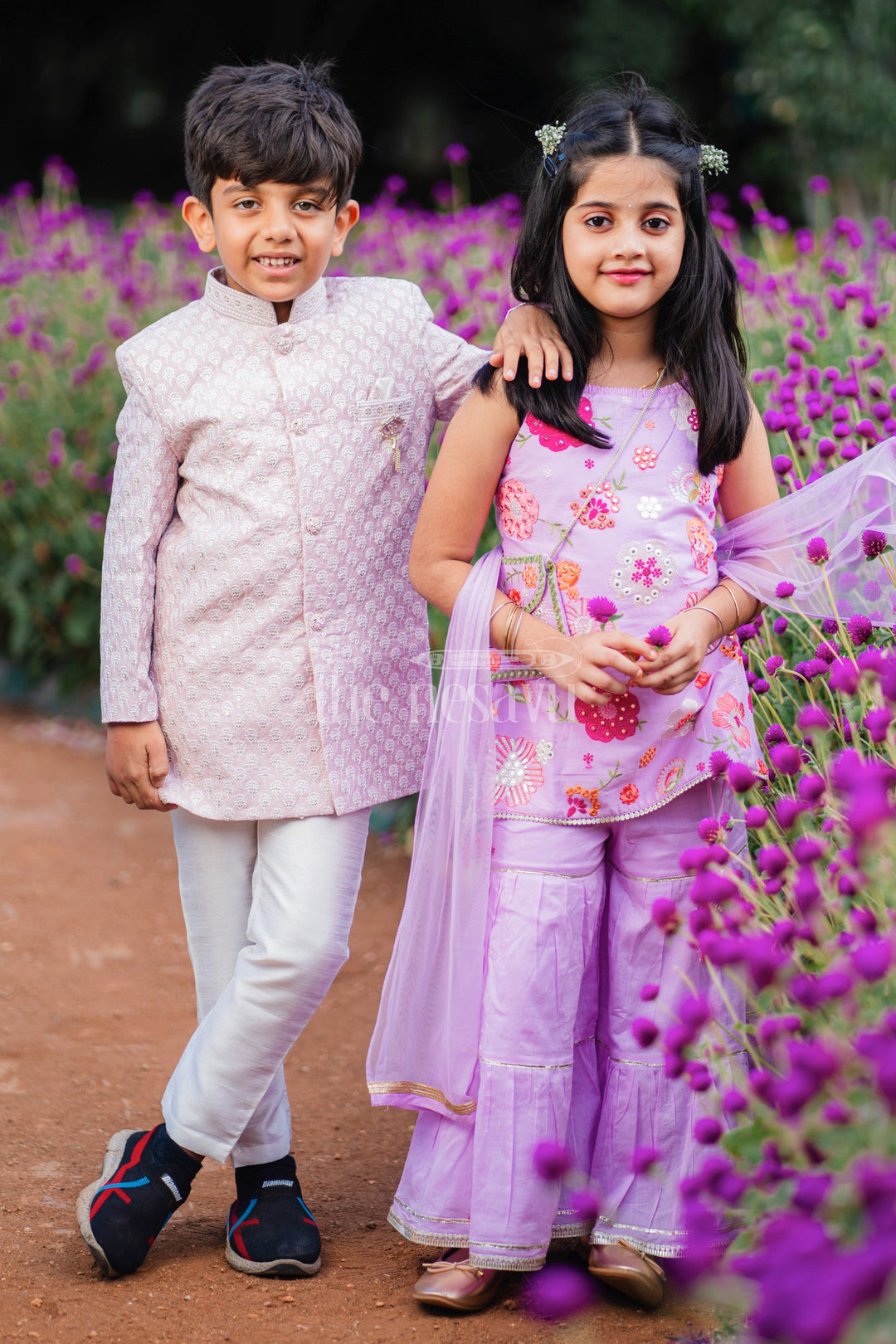 The Nesavu Girls Sharara / Plazo Set Purple Sharara Set with Floral Thread Embroidery and Gota Patti Highlights for Girls Nesavu Purple Sharara Set with Floral Thread Embroidery and Gota Patti Highlights for Girls Nesavu