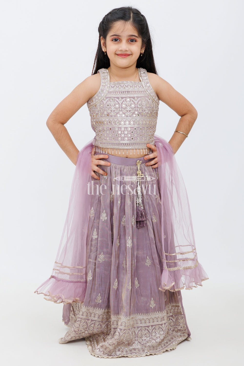 The Nesavu Girls Lehenga Choli Purple Shimmer Tissue Silk Lehenga Choli with Zari Embroidery Nesavu 24 (5Y) / Purple GL475A-24 Purple Shimmer Tissue Silk Lehenga Choli with Zari Embroidery - Nesavu