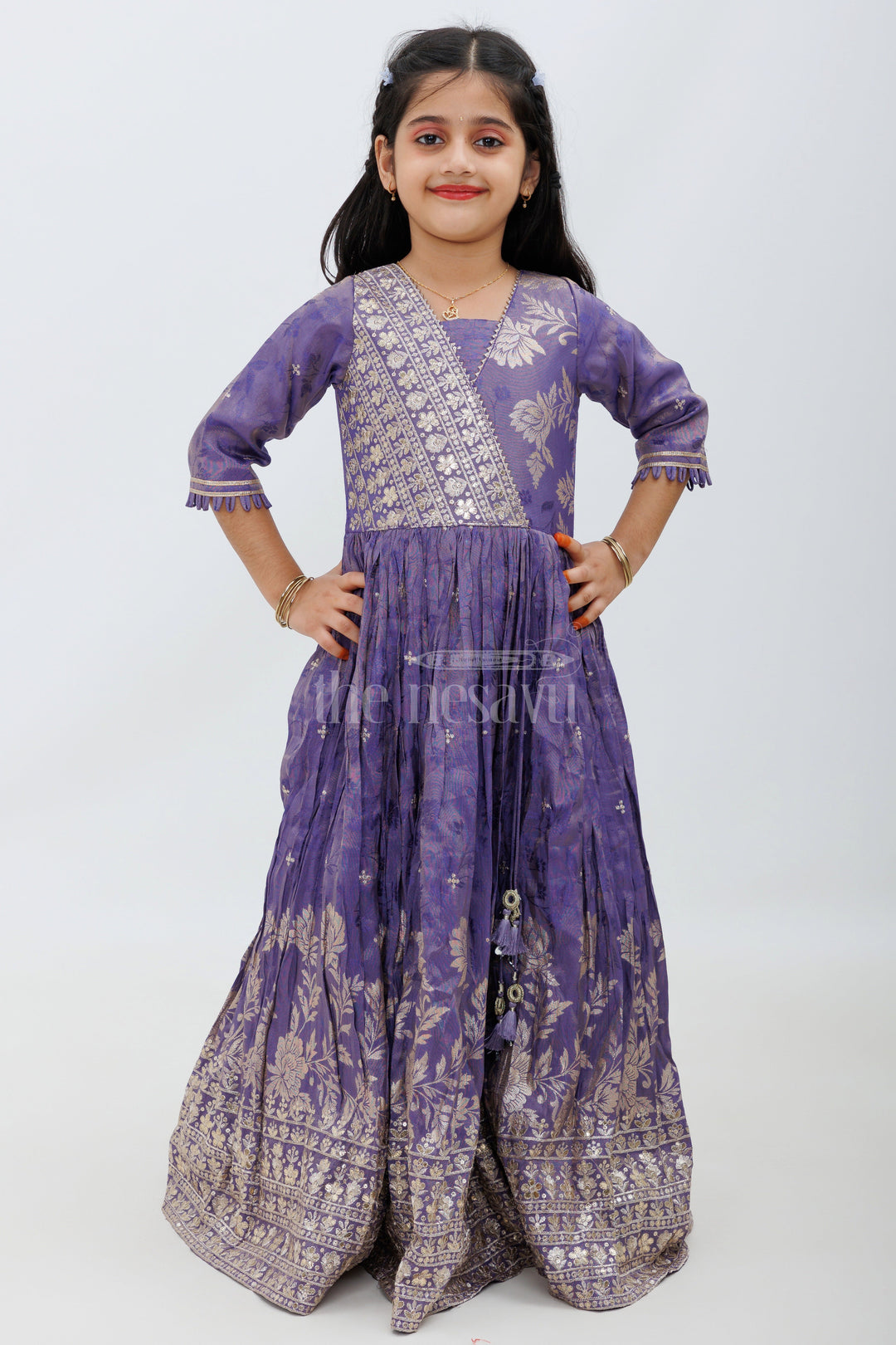 The Nesavu Girls Party Gown Purple Shimmer Viscose Silk Party Gown for Girls Nesavu Purple Shimmer Viscose Silk Girls Party Gown with Designer Jacket - Nesavu