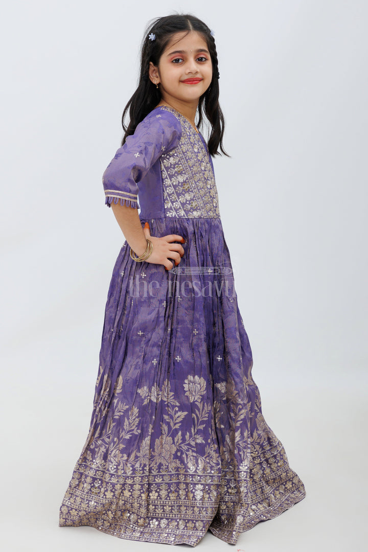 The Nesavu Girls Party Gown Purple Shimmer Viscose Silk Party Gown for Girls Nesavu Purple Shimmer Viscose Silk Girls Party Gown with Designer Jacket - Nesavu