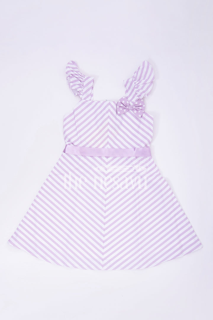 The Nesavu Baby Cotton Frocks Purple Striped Cotton Frock with Cap Sleeves and Bow Nesavu 16 (1Y) / Gray BFJ589B-16 Purple Striped Cotton Frock with Cap Sleeves and Bow - Nesavu