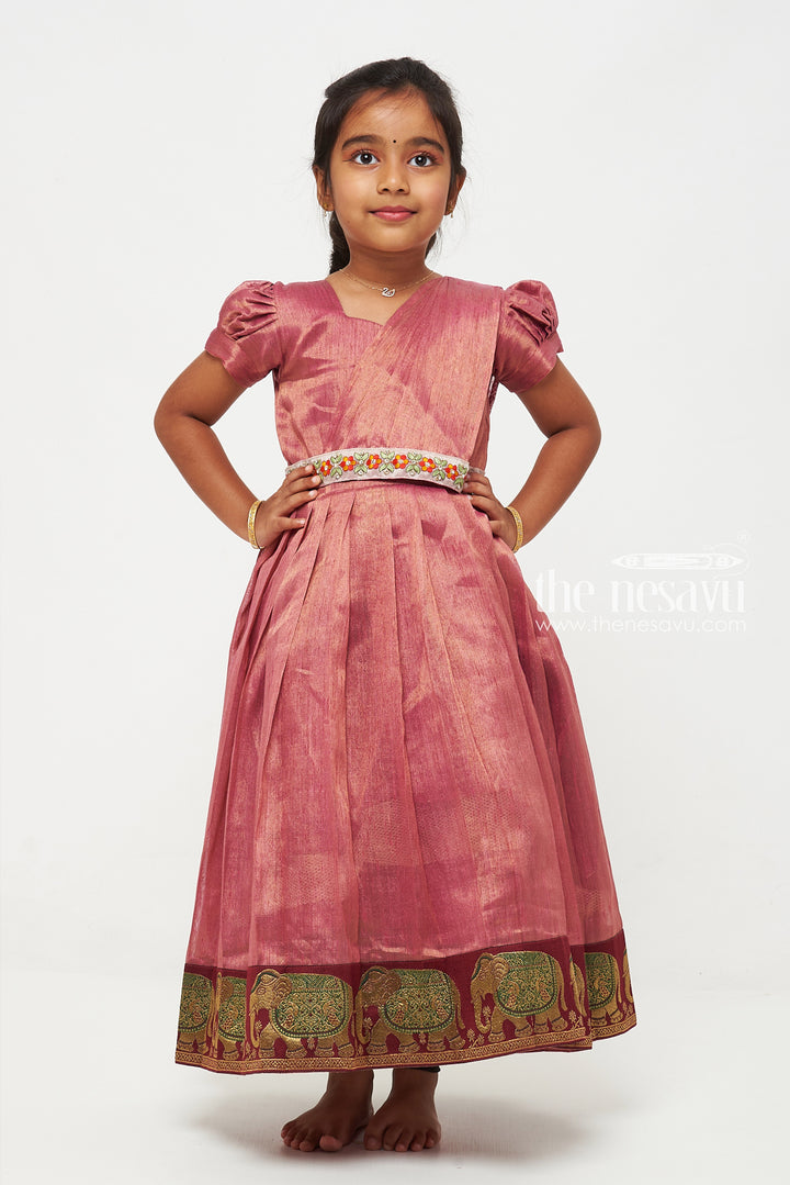 The Nesavu Girls Silk Gown Purple Tissue Fabric Saree Gown for Girls with Embroidered Hip Belt Nesavu