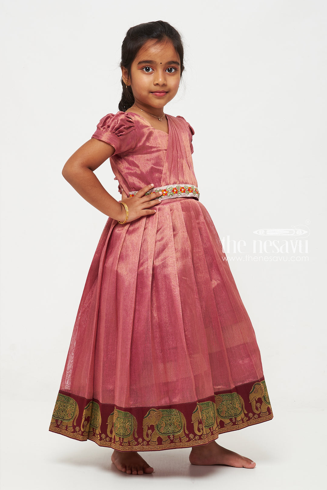 The Nesavu Girls Silk Gown Purple Tissue Fabric Saree Gown for Girls with Embroidered Hip Belt Nesavu