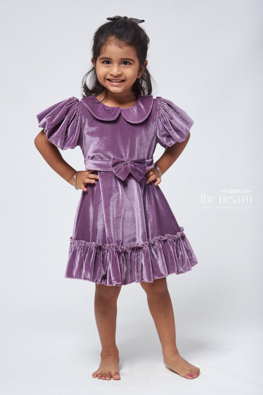 The Nesavu Frocks & Dresses Purple Velvet Baby Girl Frock - Peter Pan Collar & Bow Embellishment Nesavu 14 (6M) / Purple GFC1101C-14 Girls Velvet Frock | Party frock for Baby Girls | The Nesavu