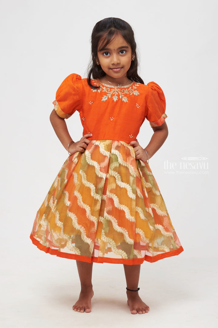 The Nesavu Silk Party Frock Radiant Orange Wave Pleats Silk Organza Frock Puffed Elegance for Young Trendsetters Nesavu 16 (1Y) / Orange / Organza SF710-16 2 Year Baby Girl Dresses | Silk Pattu Frock Colections Girls | the Nesavu