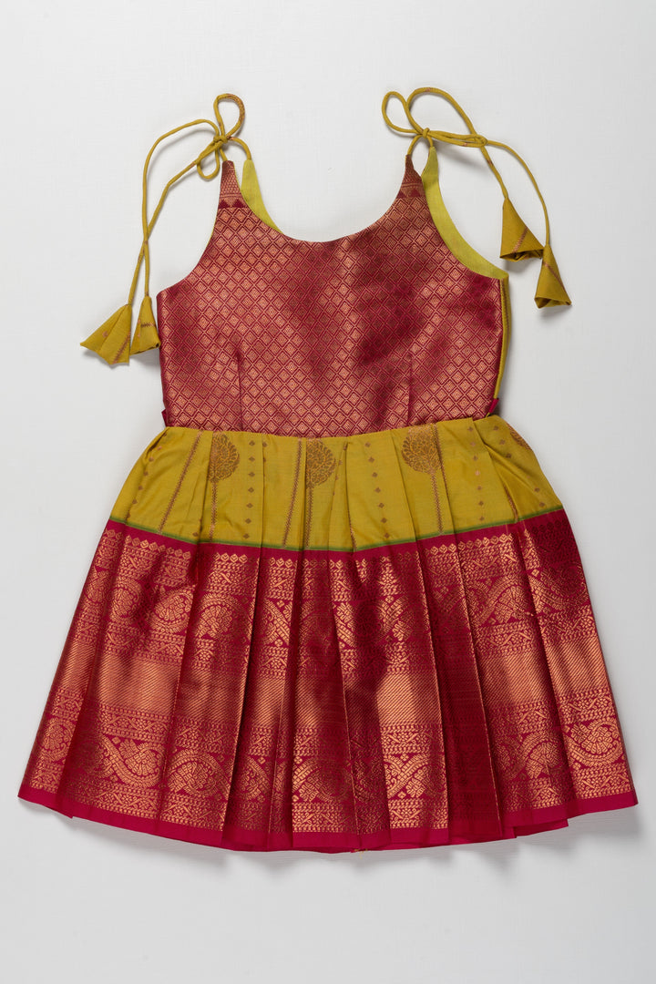 The Nesavu Tie-up Frock Radiant Red and Yellow Banarasi Tie-Up Frock for Temple Functions and Naming Ceremonies Nesavu 14 (6M) / Yellow / Style 1 T383A-14 Radiant Red and Yellow Banarasi TieUp Frock for Girls | Traditional Festive Wear | The Nesavu