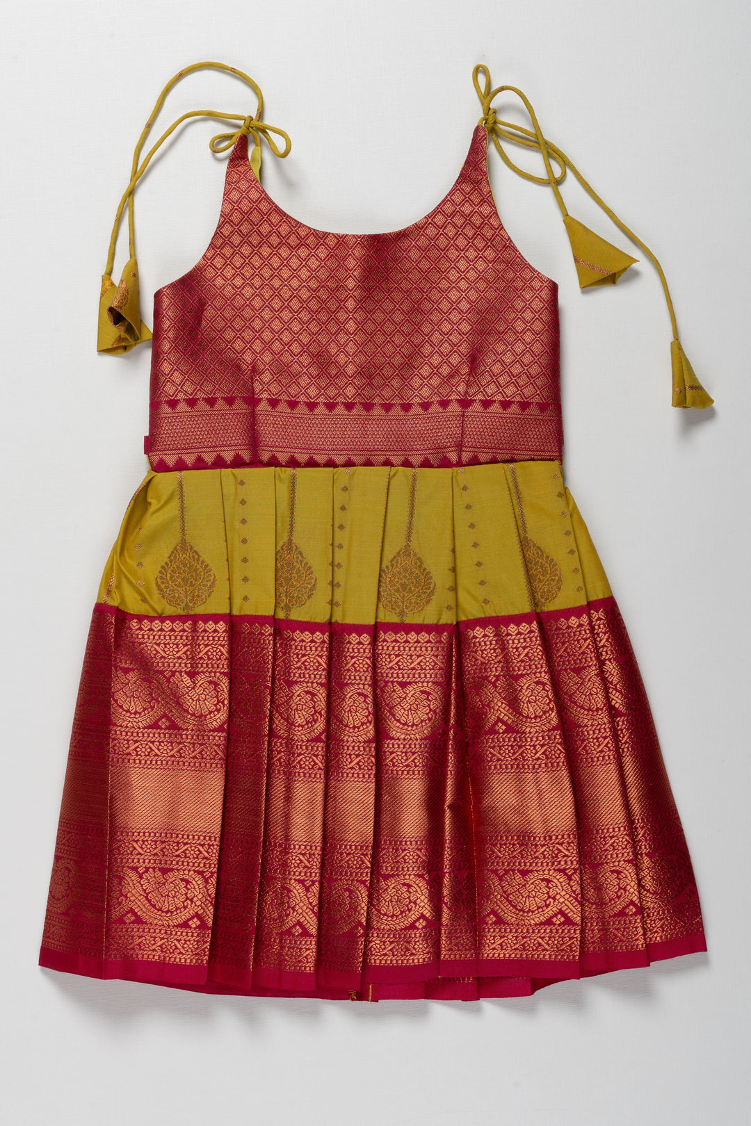 The Nesavu Tie-up Frock Radiant Red and Yellow Banarasi Tie-Up Frock for Temple Functions and Naming Ceremonies Nesavu 14 (6M) / Yellow / Style 2 T383B-14 Radiant Red and Yellow Banarasi TieUp Frock for Girls | Traditional Festive Wear | The Nesavu