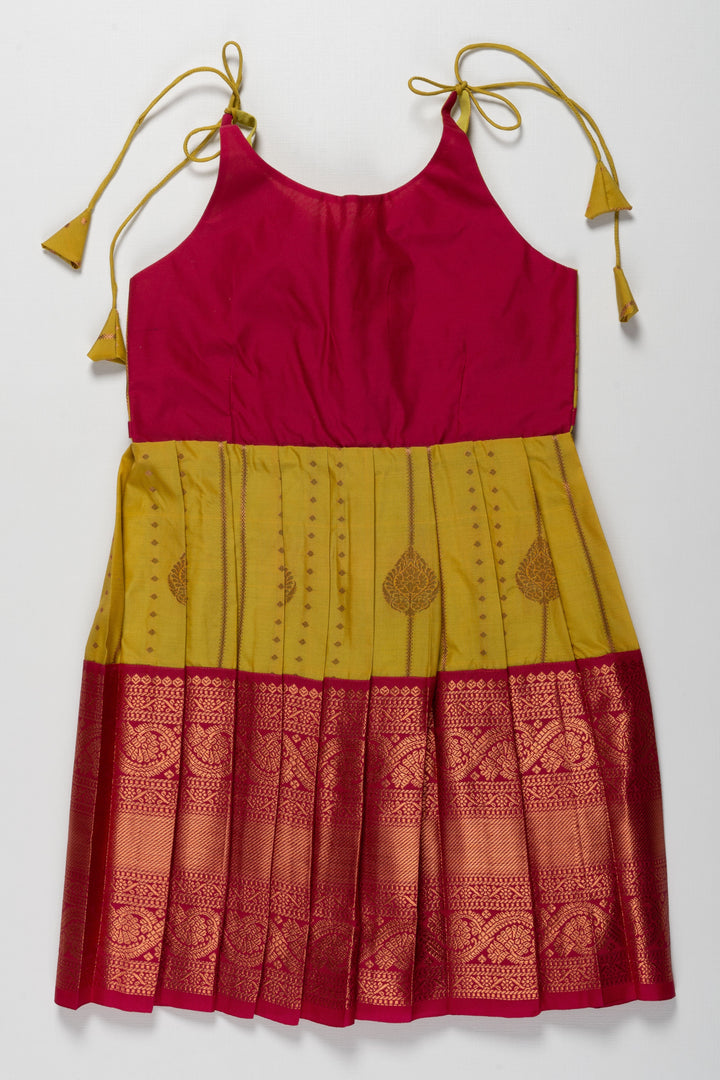 The Nesavu Tie-up Frock Radiant Red and Yellow Banarasi Tie-Up Frock for Temple Functions and Naming Ceremonies Nesavu 14 (6M) / Yellow / Style 3 T383C-14 Radiant Red and Yellow Banarasi TieUp Frock for Girls | Traditional Festive Wear | The Nesavu
