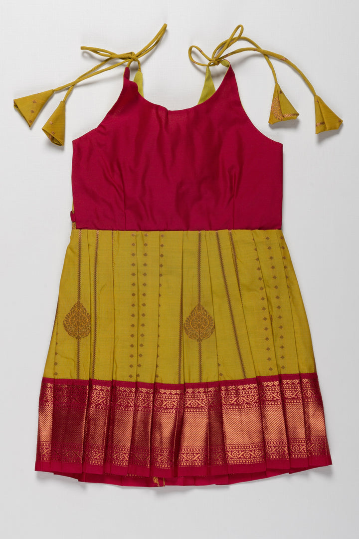 The Nesavu Tie-up Frock Radiant Red and Yellow Banarasi Tie-Up Frock for Temple Functions and Naming Ceremonies Nesavu 14 (6M) / Yellow / Style 5 T383E-14 Radiant Red and Yellow Banarasi TieUp Frock for Girls | Traditional Festive Wear | The Nesavu