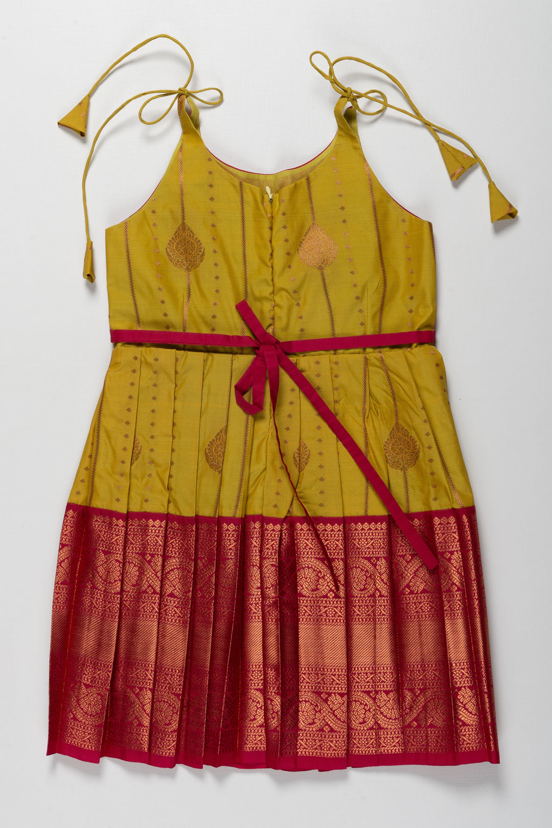 The Nesavu Tie-up Frock Radiant Red and Yellow Banarasi Tie-Up Frock for Temple Functions and Naming Ceremonies Nesavu Radiant Red and Yellow Banarasi TieUp Frock for Girls | Traditional Festive Wear | The Nesavu
