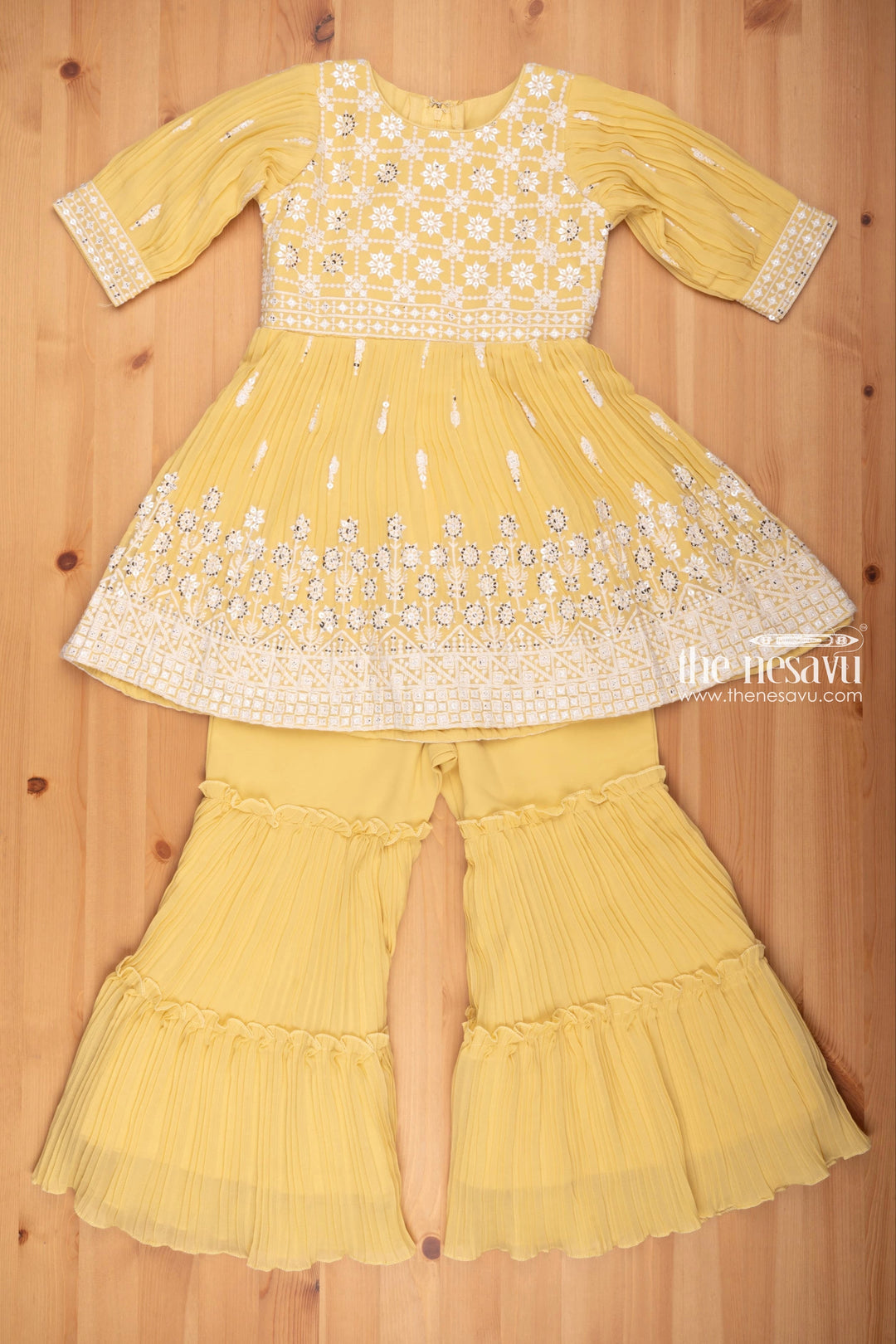 The Nesavu Girls Sharara / Plazo set Radiant Sequence Embroidered Pleated Yellow Kurti & Gharara: Festive Charm for Girls Nesavu 20 (3Y) / Yellow / Georgette GPS170B-20 Festive Gharara Set for Girls | Latest Designer Dresses for Girls | the Nesavu