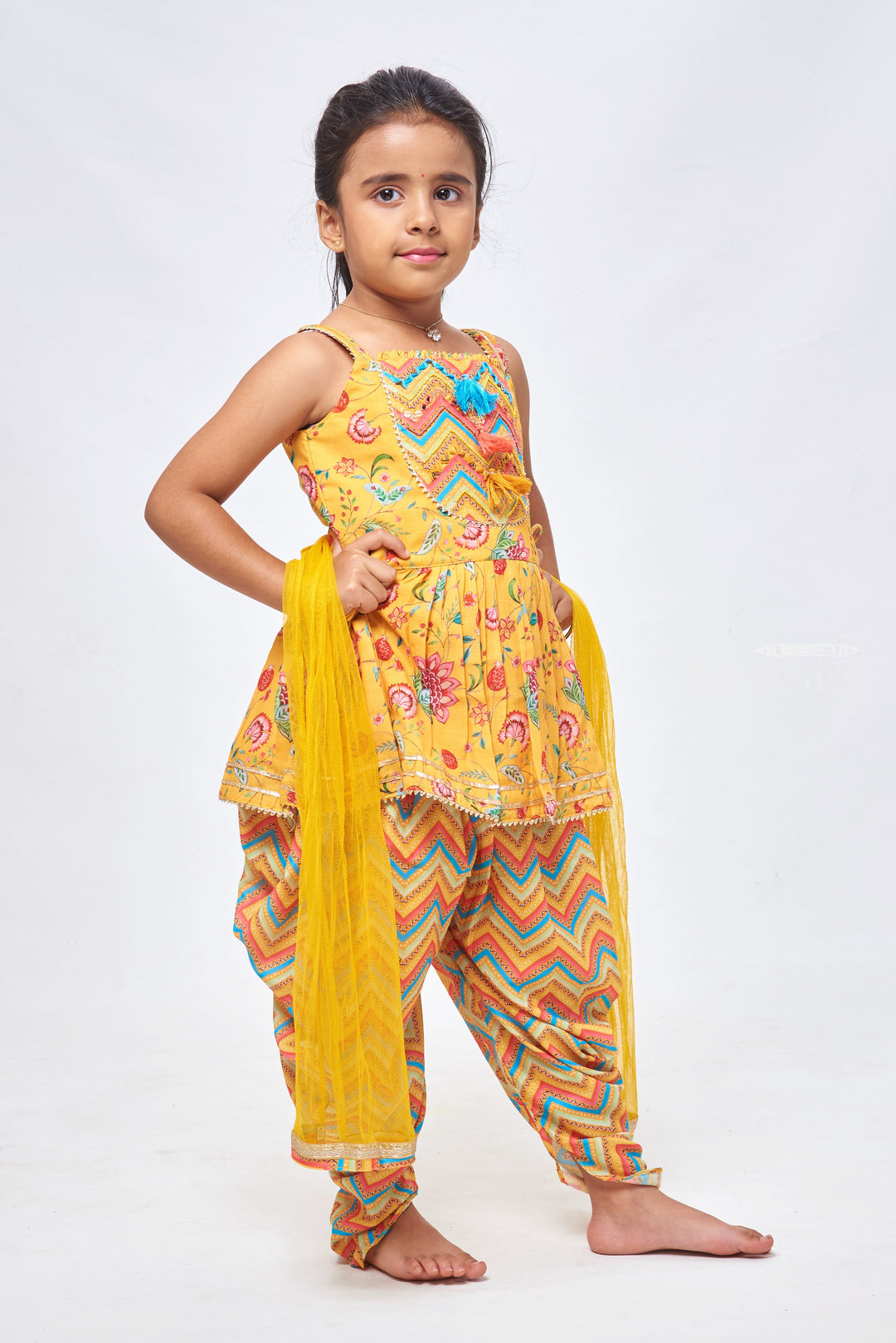 The Nesavu Girls Dothi Sets Radiant Sequin Floral Pleated Yellow Kurti & Zig Zag Dhoti: Festive Ensemble for Girls Nesavu Floral Kurti With Dhoti Set for Girls | Festive Wear for Girls | the Nesavu