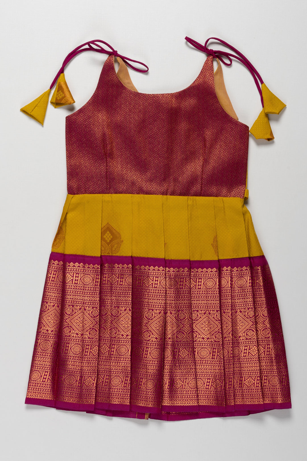 The Nesavu Tie-up Frock Radiant Silk Knot-Tie Frock for Namakarana and Karnavedha: Diverse and Bold Color Combinations Nesavu 14 (6M) / Yellow / Style 1 T379A-14 Stylish Maroon and Gold Silk Dresses for Kids | Unique Party Wear with Adjustable Ties | The Nesavu