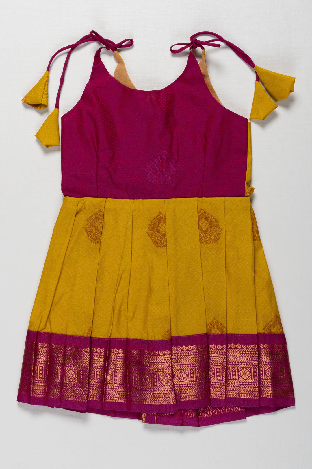 The Nesavu Tie-up Frock Radiant Silk Knot-Tie Frock for Namakarana and Karnavedha: Diverse and Bold Color Combinations Nesavu 14 (6M) / Yellow / Style 4 T379D-14 Stylish Maroon and Gold Silk Dresses for Kids | Unique Party Wear with Adjustable Ties | The Nesavu
