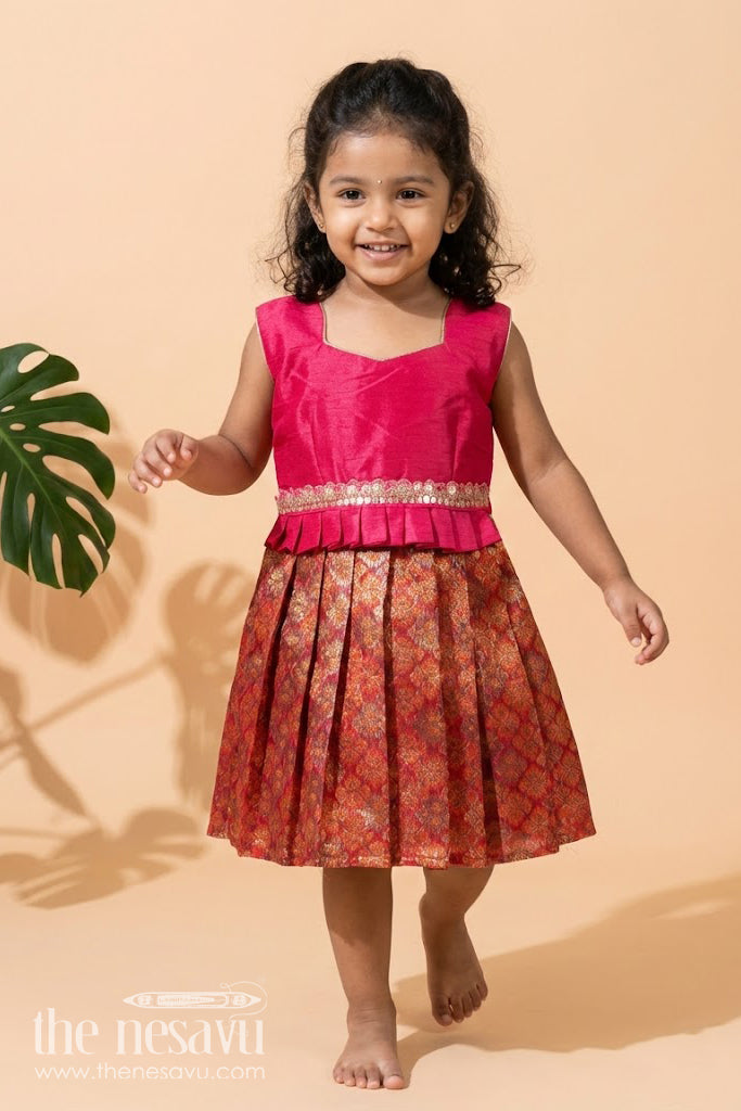 The Nesavu Silk Frock Raw Silk Short Frock Designs for Girls in Pink with Mirror Work Waistband and Rich Banaras Skirt Nesavu 18 (2Y) / Pink SF1031A-18 Nesavu Raw Silk Short Frock Designs Girls Pink Mirror Waistband Banaras Flared Skirt