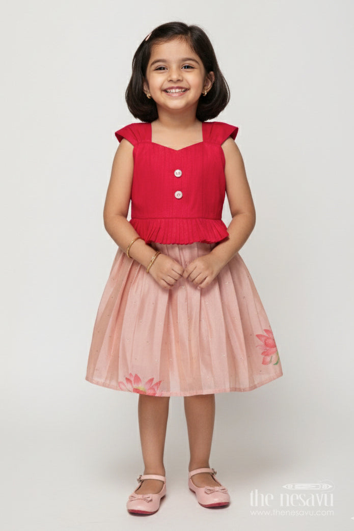 The Nesavu Silk Frock Raw Silk Yoke Frock for Baby Girls for Weddings and Milestone Events Nesavu 18 (2Y) / Pink SF1089A-18 Nesavu baby girl raw silk yoke frock with semi banaras skirt for weddings and family celebrations