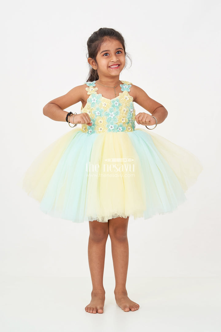 The Nesavu Girls Fancy Party Frock Reception Dress Frock for Girls in Soft Net with Floral Brooch Embellished Yoke and Tulle Layers Nesavu 16 (1Y) / Yellow PF207B-16 Reception Dress Frock Girls Soft Net Floral Brooch Embellishments Pastel Layers | The Nesavu