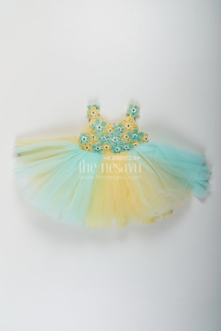 The Nesavu Girls Fancy Party Frock Reception Dress Frock for Girls in Soft Net with Floral Brooch Embellished Yoke and Tulle Layers Nesavu Reception Dress Frock Girls Soft Net Floral Brooch Embellishments Pastel Layers | The Nesavu