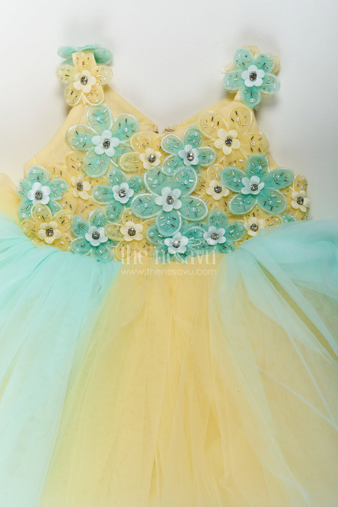 The Nesavu Girls Fancy Party Frock Reception Dress Frock for Girls in Soft Net with Floral Brooch Embellished Yoke and Tulle Layers Nesavu Reception Dress Frock Girls Soft Net Floral Brooch Embellishments Pastel Layers | The Nesavu