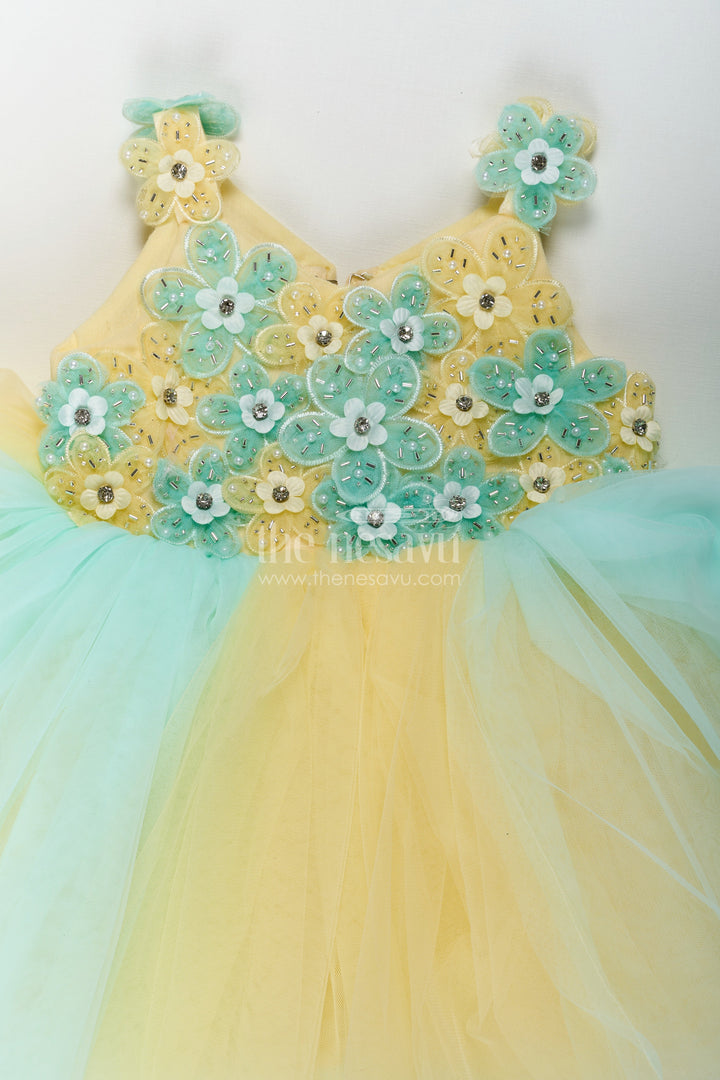 The Nesavu Girls Fancy Party Frock Reception Dress Frock for Girls in Soft Net with Floral Brooch Embellished Yoke and Tulle Layers Nesavu Reception Dress Frock Girls Soft Net Floral Brooch Embellishments Pastel Layers | The Nesavu