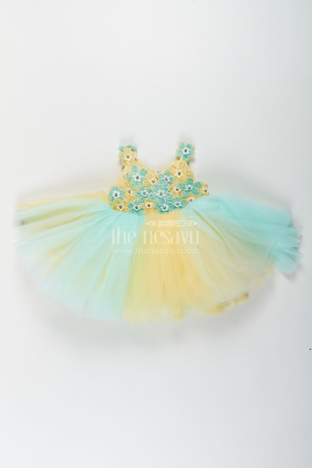 The Nesavu Girls Fancy Party Frock Reception Dress Frock for Girls in Soft Net with Floral Brooch Embellished Yoke and Tulle Layers Nesavu Reception Dress Frock Girls Soft Net Floral Brooch Embellishments Pastel Layers | The Nesavu