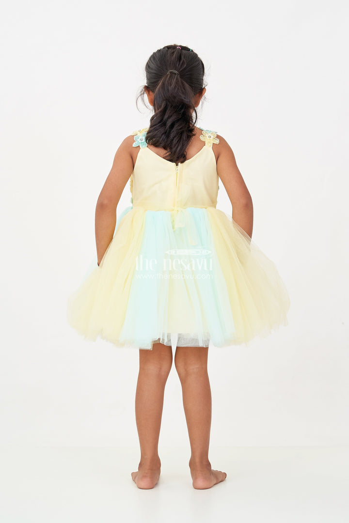 The Nesavu Girls Fancy Party Frock Reception Dress Frock for Girls in Soft Net with Floral Brooch Embellished Yoke and Tulle Layers Nesavu Reception Dress Frock Girls Soft Net Floral Brooch Embellishments Pastel Layers | The Nesavu