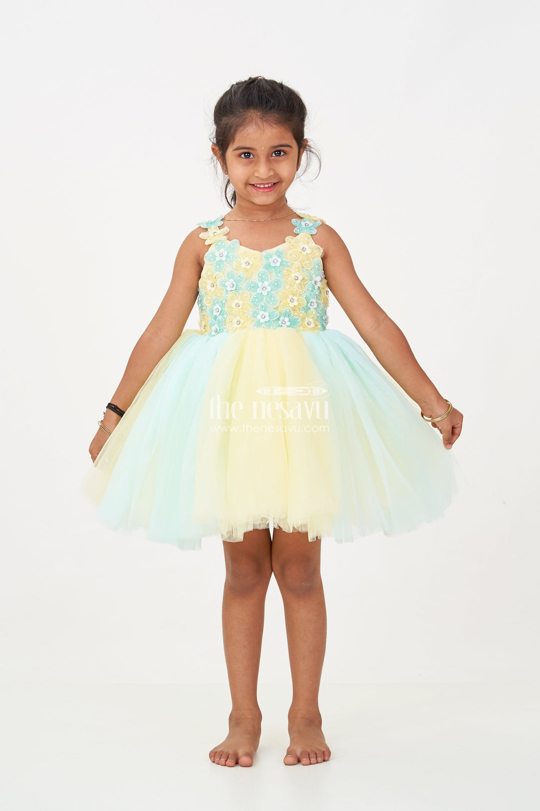 The Nesavu Girls Fancy Party Frock Reception Dress Frock for Girls in Soft Net with Floral Brooch Embellished Yoke and Tulle Layers Nesavu Reception Dress Frock Girls Soft Net Floral Brooch Embellishments Pastel Layers | The Nesavu