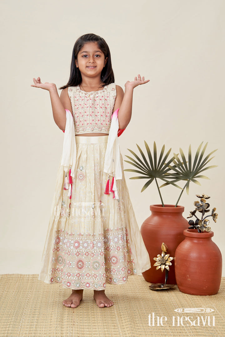 The Nesavu Girls Lehenga Choli Reception Lehenga for Girls Sequinned Party Look Nesavu 18 (2Y) / Cream GL676A-18 Nesavu Girls Cream Pink Reception Lehenga Choli Sequin Embellishments Gold Embroidery