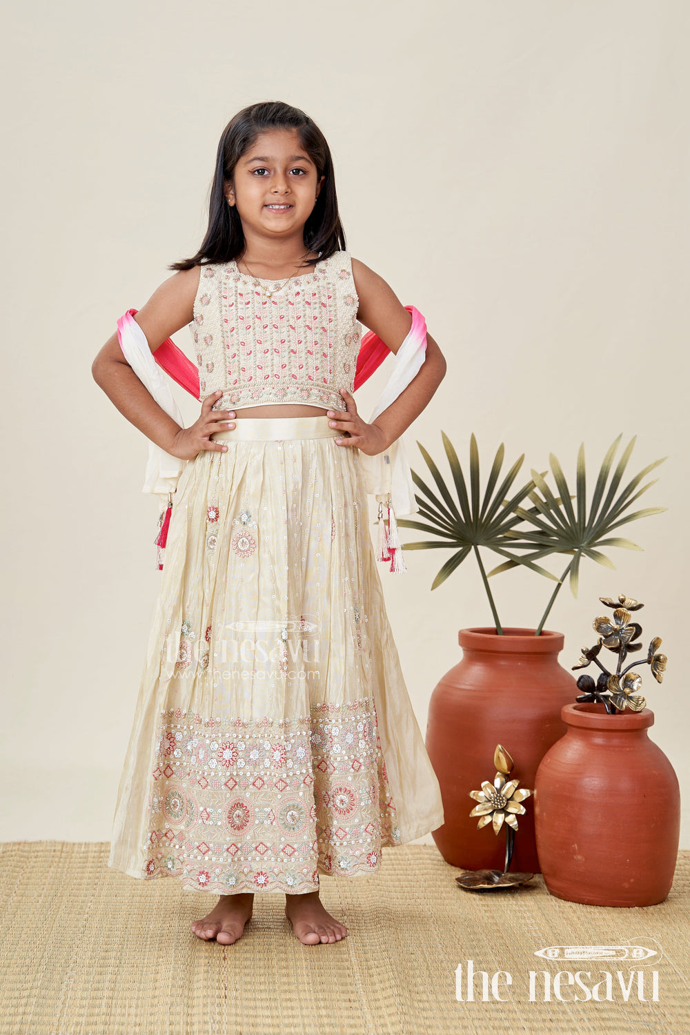 The Nesavu Girls Lehenga Choli Reception Lehenga for Girls Sequinned Party Look Nesavu Nesavu Girls Cream Pink Reception Lehenga Choli Sequin Embellishments Gold Embroidery